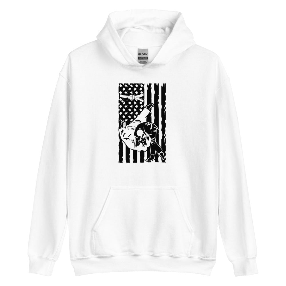 Brazilian Jiu Jitsu Flag Throw White Hoodie | BJJ Hoodie | Brazilian Jiu-Jitsu Unisex Pullover Hoodie