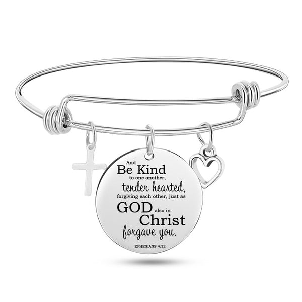 Engraved Christian Bible Psalm Stainless Steel Bracelet Bangle With Cross Heart Charms